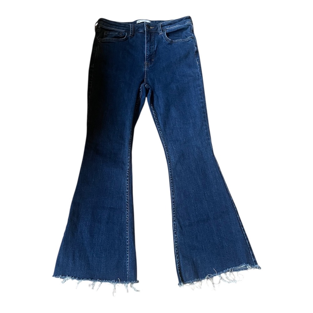 Free People Women's Blue Denim High Rise Flare Jeans Frayed Hem Size 30‎